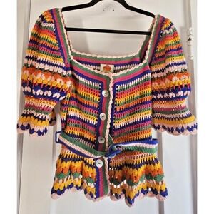 FARM RIO striped crocheted belted‎ knit button front elbow sleeves handmade Sz M
